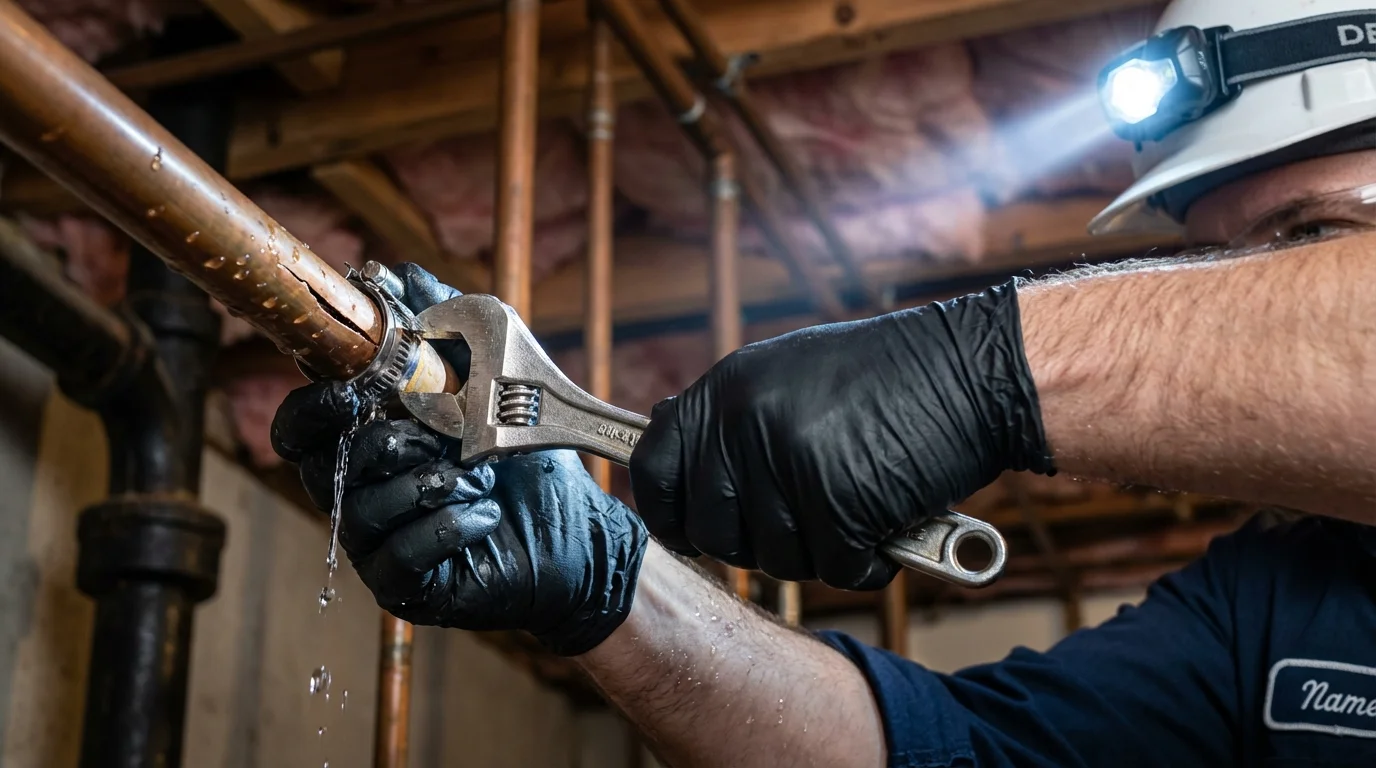 Emergency pipe clamp repair being performed by a Johns Plumbing LLC plumber in Brawley